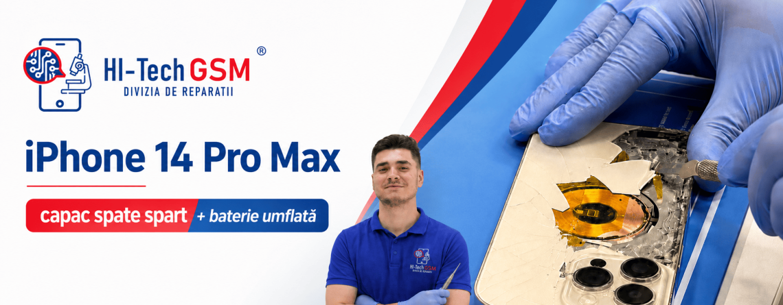 iPhone 14 Pro Max cu capac spate spart și baterie umflată reparat la Hi-Tech GSM Iași