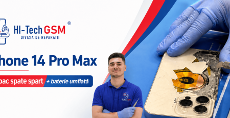 iPhone 14 Pro Max cu capac spate spart și baterie umflată reparat la Hi-Tech GSM Iași