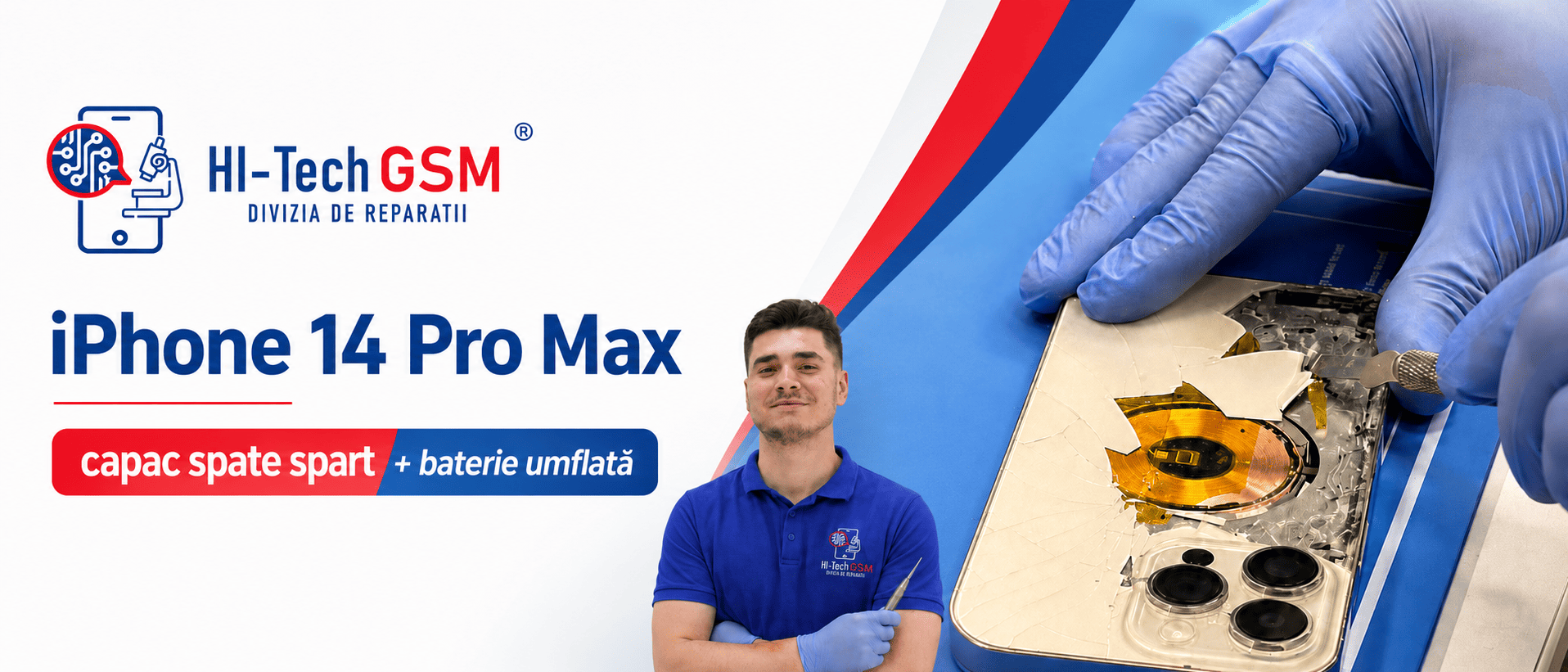 iPhone 14 Pro Max cu capac spate spart și baterie umflată reparat la Hi-Tech GSM Iași